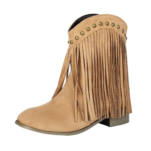 MJGkhiy Botas de mujer Texanas Ante Bota Con Tacón de Bloqueo Camperos Boots Negros Western Botines con Flecos Invierno Cowboy Botas Cuero Botín Punta Marrón, beige, 45 EU