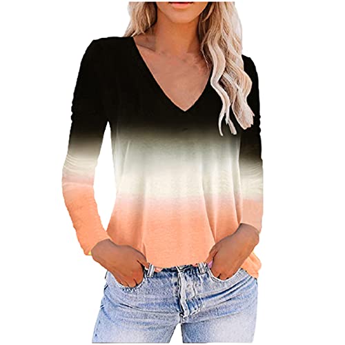 Women Fall Ombre Tops Trendy Long Sleeve Gradient Shirts Casual V Neck Tshirt Loose Fit Fashion Stretch Basic Shirt Orange