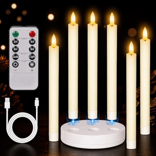 Hecanide Rechargeable Flameless Taper Candles with Charging Base 6 Pack LED Taper Candles with Remote Timer 3D Flickering Flame for Window Christmas Decorations