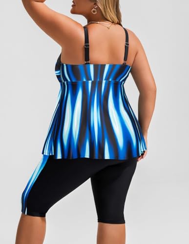 Hanna Nikole Damen Übergröße Tankini Set Bauchkontrolle Bademode Elastische Zweiteilig Badeanzüge Rot Rosa Blaue Geometrie 50 2