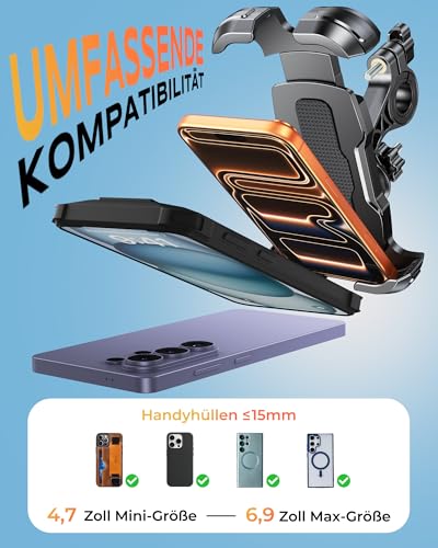 Glangeh Handyhalterung Fahrrad mit Sicherheitsschloss, [Starke Klemme] Handyhalterung Motorrad, 360° Drehbare Montageständer für Smartphones 4,7-6,9 Zoll (Kompatibel mit iPhone 17 Pro Max/S25 Ultra)