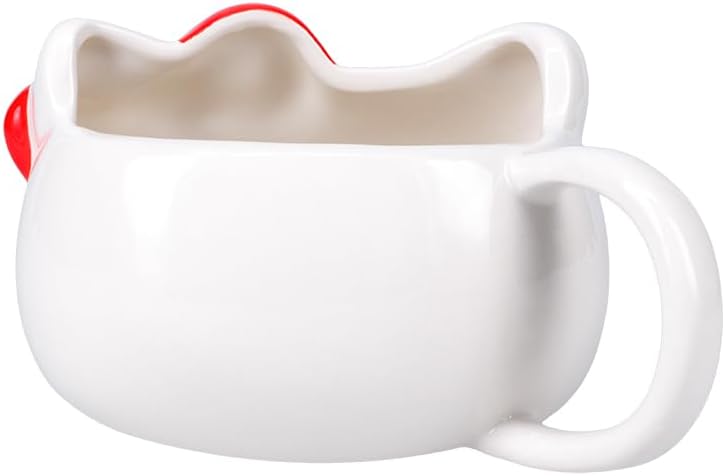 sebelah view of the Paladone Hello Kitty Shaped Ceramic Mug, showing the handle and the back of the mug.