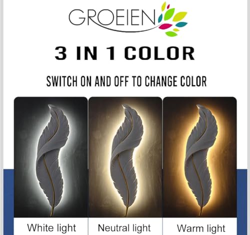 Image of Groeien 12W | 3 Color Modern LED White Feather Wall Sconce Gold Wall Light for Bedroom Living Room Corridor Lighting Fixtures Wall Mount(Warm+Natural+Coolwhite)(Feather-White, 1)