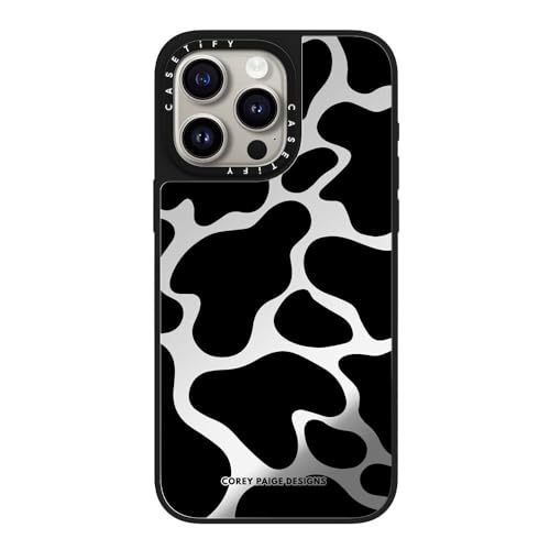 CASETiFY Magsafe �Ή��~���[ iPhone 15 Pro Max �P�[�X [���ː� / 1.5m����̗����������N���A / Magsafe �ɑΉ�] - Black Cow Print - �V���o�[ (�u���b�N�o���p�[)