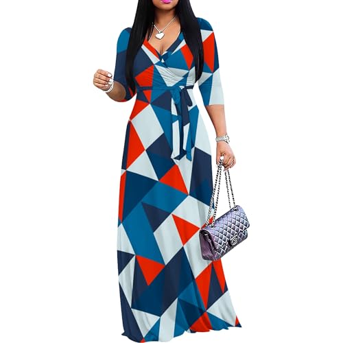 Image of PinkPatty Women's Print Maxi Dresses 3 /4 Sleeve Flowy Long Dress V Neck Wrap Tie Waist Sundress