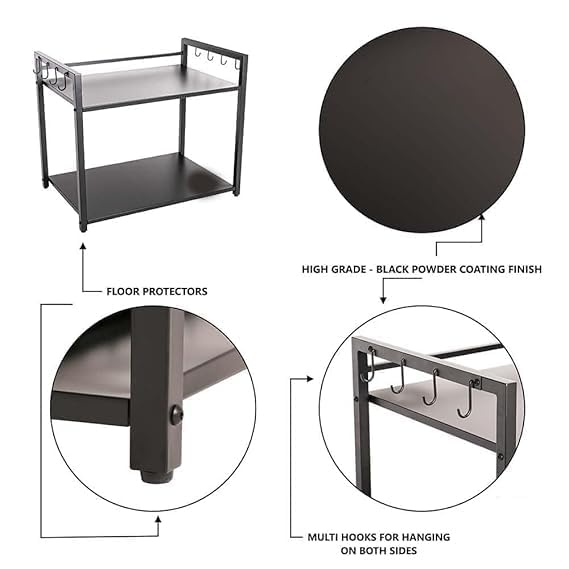 Image of REMANENCE 2 Tier Metal Microwave Stand || Microwave & OTG Stand for Kitchen Counter|| Double Platform for Extra Storage with Hooks|| Kitchen Oven Rack