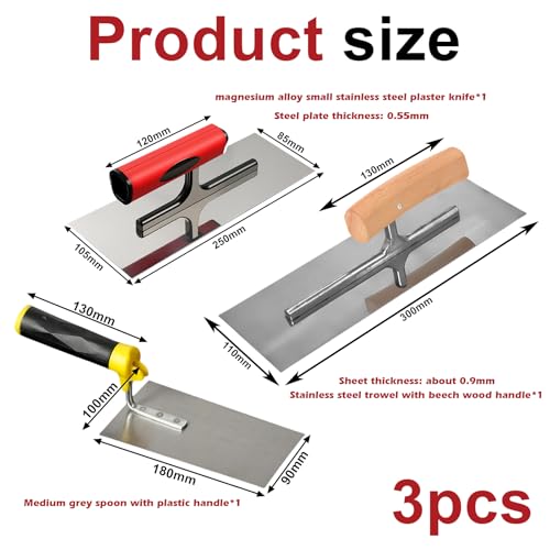 Meyagot 3-Teilig Glättekelle Set, Edelstahl Glättkelle, Putzkelle Mit Softgriff Stuckateur Werkzeug Glättkelle Profi Glättscheibe Traufel Gipserspachtel Rakel Spachtel Putzkelle Für Putzmassen Beton