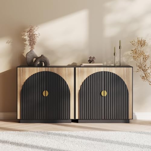 BELLEZE Set of 2 Modular Fluted Sideboard Buffet Cabinet with Storage, Mid-Century Modern Console Table with Symmetrical Arched Doors, Elegant Credenza for Dining Room, Kitchen, and Living Room, Camel