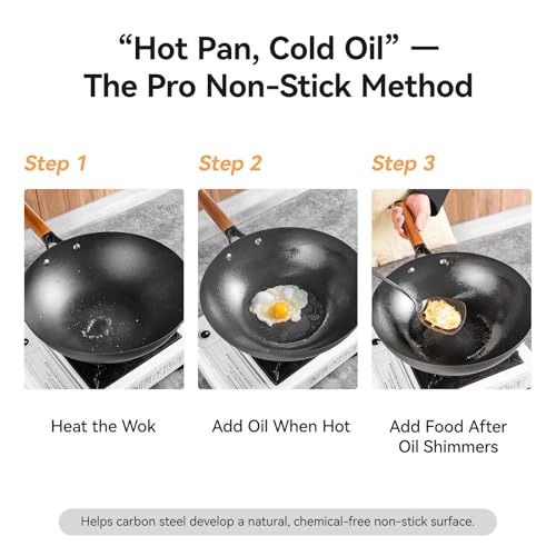 Image of WANGYUANJI 12.6 inch Carbon Steel Wok with Lid, Flat Bottom Wok Pan for Induction and Gas Stoves, Heavy Duty Unseasoned Asian Stir Fry Pan with Detachable Wooden Handle