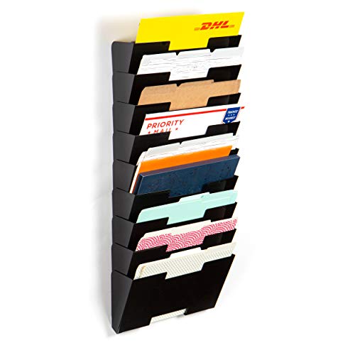Wallniture Lisbon Wall Mounted File Holder and Desk Organizer, 9-Tier Metal Black Office Organization and Storage Rack