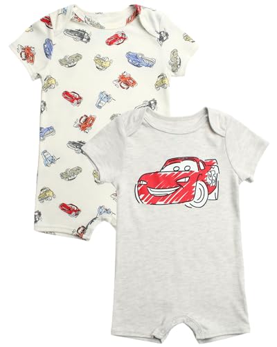 Disney Baby Boy Romper - 2 Pack Lightweight Short Sleeve Baby Romper Jumpsuit with Snap Closure Infant Newborn Boy Clothes, Size 12M, Grey/Cream Cars