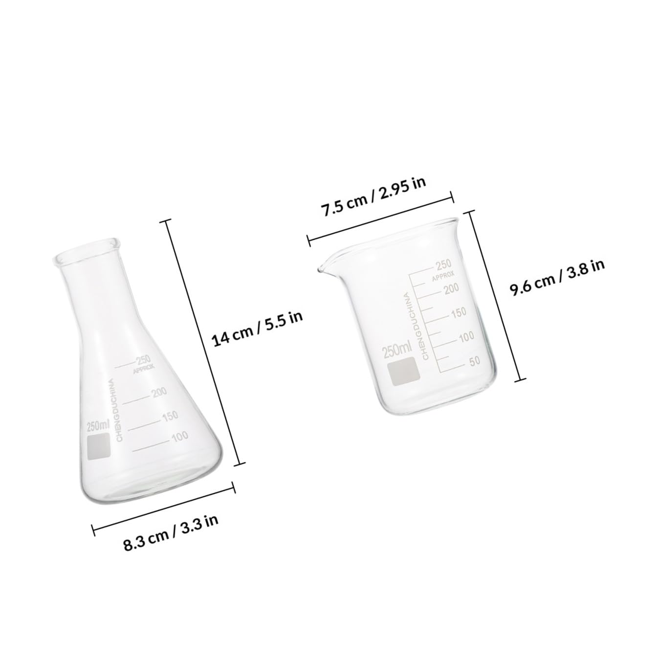 KOMBIUDA Wissenschaftliches Laborbecher Satz aus Glas mit Messzylinder 100ml und Erlenmeyerkolben 250ml für Genaue Messungen im Labor und Experimentelle Projekte