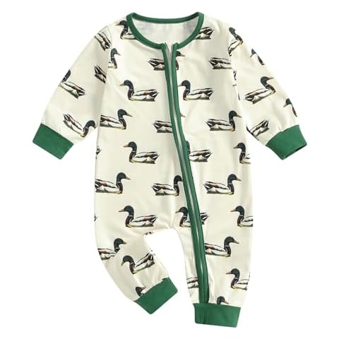 Chloefairy Duck Hunting Baby Clothes Boy Girl Mallard Duck Romper Long Sleeve Zipper Jumpsuit Infant Fall One Piece Outfit (Beige, 0-6 Months) Cover