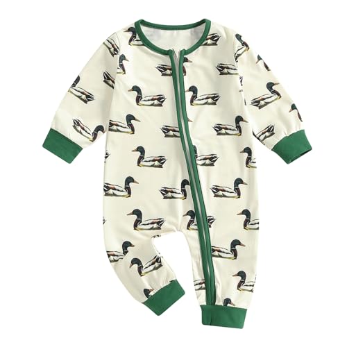 Chloefairy Duck Hunting Baby Clothes Boy Girl Mallard Duck Romper Long Sleeve Zipper Jumpsuit Infant Fall One Piece Outfit