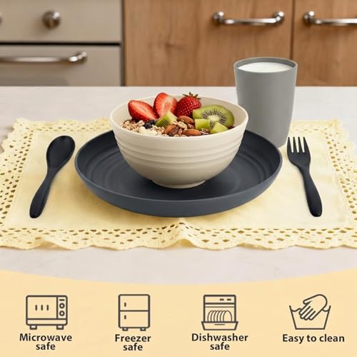 Image of Wheat Straw Dinnerware Sets 20 PCS - Unbreakable Plates and Bowls Set | Plastic Dishes Set for 4, Lightweight Camp Dishes for Outdoor and Family Gatherings.