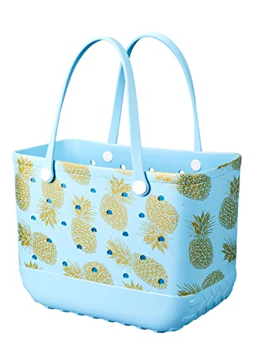 Beach Bag Rubber Tote Bag - Waterproof Travel Bag for Women Washable Tote Bag Handbag for Sports Beach Market Pool (Pineapple, Large)