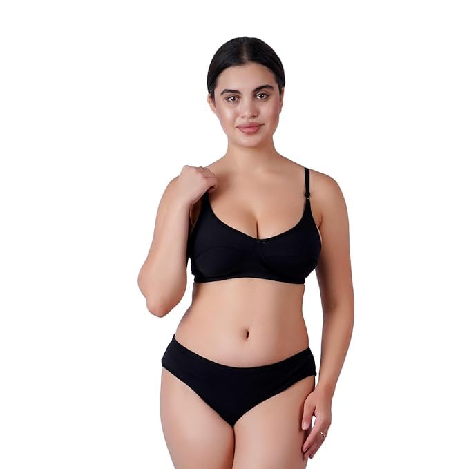 Women Pure Cotton Non Padded Bra and Panty Set | Non-Wired Full Cover T-Shirts Bra and Panty Lingerie Set | Panty Bra Set for Women | Style 1 Multicolour-image-18