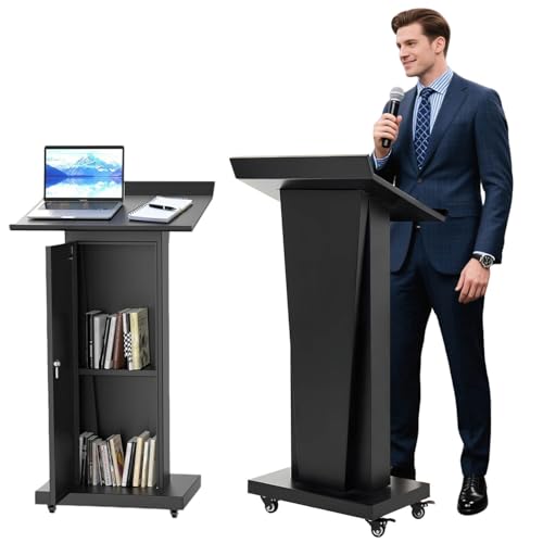 Podium Stand with Wheels, Heavy Duty Podium with Wheels & Storage, Rolling Podium for Teachers withSlanted Desktop, Black Metal Podium for Classroom -Lecterns & Podiums Church