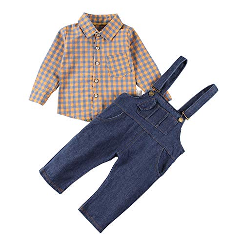 Kids Toddler Baby Boys Girls Bibs Dark Blue Denim Overalls with Check Shirt Clothing Set (Orange, 3-4T)