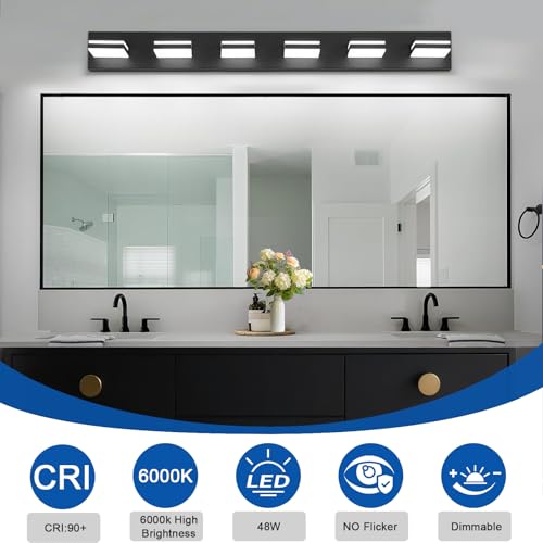 Image of IZORRO LED Modern Bathroom Lights Fixtures(6-Light,Dimmable,360Rotate),Matte Black Acrylic Wall Lighting,Vanity Lights for Bathroom Over Mirror - 6000k 36In (No Assembly Required)