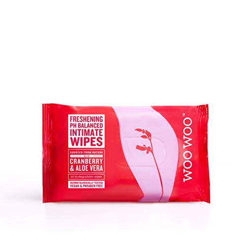 WooWoo Refresh It! Intimate Wipes for Women Feminine Hygiene Cleansing Soothing PH Balanced Biodegradable - Cranberry and Aloe Vera - 20 p?