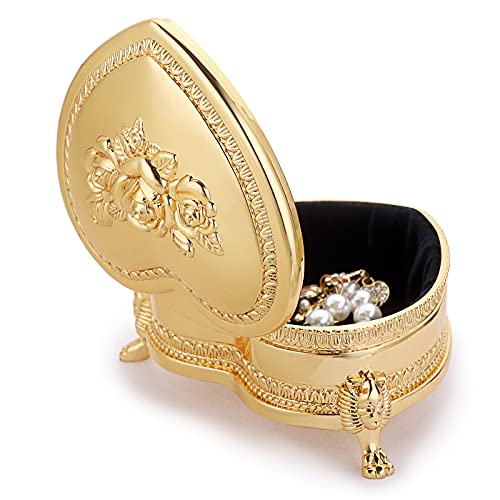Hipiwe Vintage Metal Jewelry Box with Antique Flower Carved, Small Heart Shape Trinket Organizer Box Earrings Rings Necklace Bracelet Storage Holder, Keepsake Gift Box for Women
