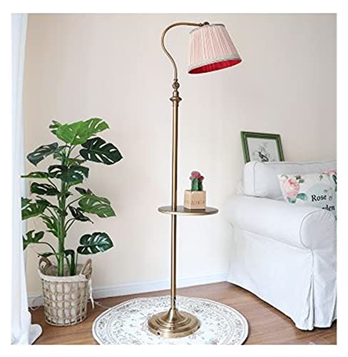 Lámpara de pie vertical retro con mesa auxiliar y pantalla de tela beige para dormitorio