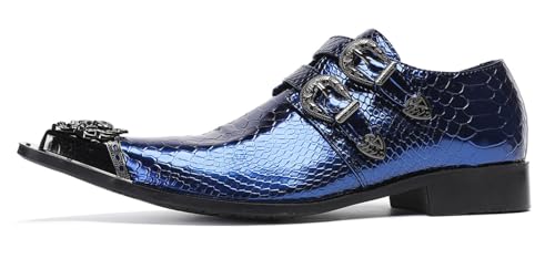 Santimon Men's Luxury Patent Leather Dress Shoes - Snakeskin Texture Metal Pointed Toe Metallic Monk Strap Loafers Formal Shoes with Buckle Accent for Wedding Party Bar Singer2