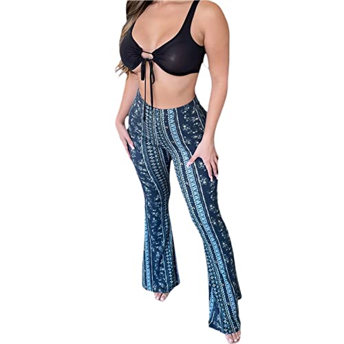 Lnzymon Women's Boho Pants Harem Vintage Floral Print High Waisted Wide Leg Long Palazzo Bell Bottom Yoga Pants (Blue, Small)