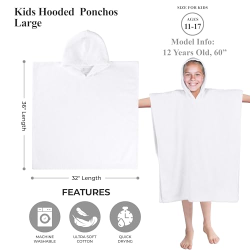 Image of Superior Kids Cotton Terry Poncho, Soft, Absorbent Bath Towel with Hood, Bathroom Accessories, Long, Plush Bathrobes for Bath, Shower, Spa, Resort, Hotel, Beach, Pool, Boy, Girl, Large Size, White