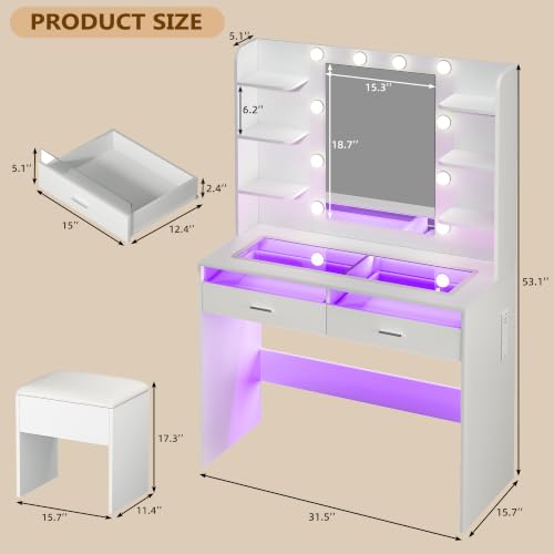 Image of HUAHUU Makeup Vanity Desk with Mirror and Lights, White Vanity with Storage Chair, Transparent Top Vanity with RGB Drawers, 6 Shelves, Charging Station, for Bedroom