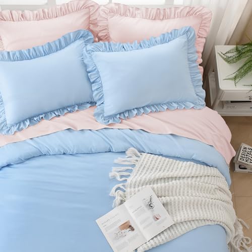 Image of Litanika Light Blue Full Size Comforter Sets, 3 Pieces Ruffle Farmhouse Aesthetic Bedding Comforter Sets, All Season Soft Lightweight Fluffy Microfiber Bed Set(79x90In Comforter, 2 Pillowcases)