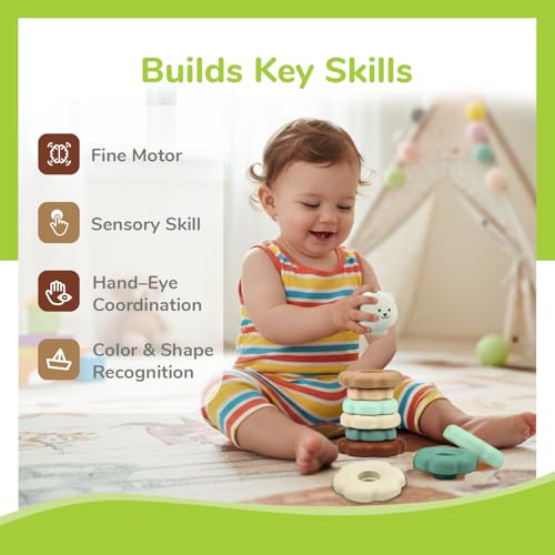 Image of R for Rabbit Orapple Teddy Stacker Stacking Rings Toy Sorting Tower Game Smooth Rounded Edges BPA Free Educational Interactive Learning Toys for Kids Baby Girls Boys (Grey Teddy)