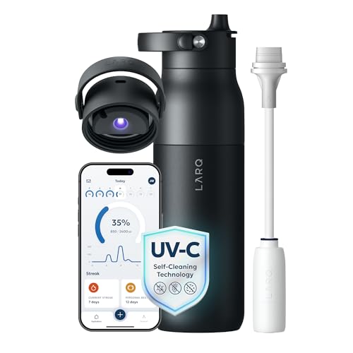 LARQ PureVis 2 Self Cleaning Water Bottle - UV Water Purifier with Filter Straw, Smart App Hydration Tracking, Insulated Stainless Steel - Obsidian Black, 23 Oz