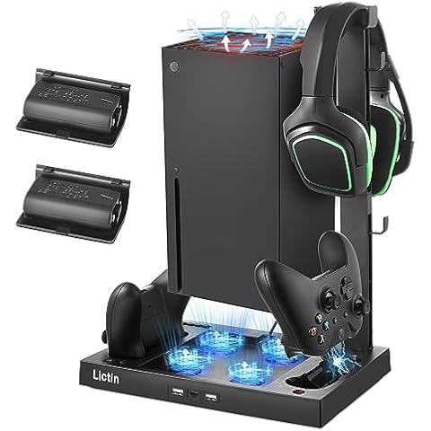 Lictin Cooling Fan Charging Station for Xbox Series X Console & Controller, Upgraded 4 Cooler Fan System Stand, Vertical Dual Charger Station Dock Accessories with 2 x 1400mAh Rechargeable Battery Cover