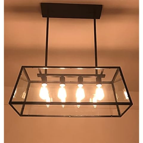 A1A9 Kitchen Island Pendant Lighting with 4-Light, Modern Industrial Chandelier Matte Black Frame with Clear Glass Panels Ceiling Lights for Foyer, Pool Table Light, Dining Room, Farmhouse, Club, Bar Cover