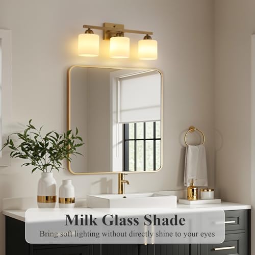 Image of Mecgirn Milk Glass Vanity Lights for Bathroom, 3 Light Brass Bathroom Light Fixtures Over Mirror, Ceramic E26 Sockets Wall Mounted
