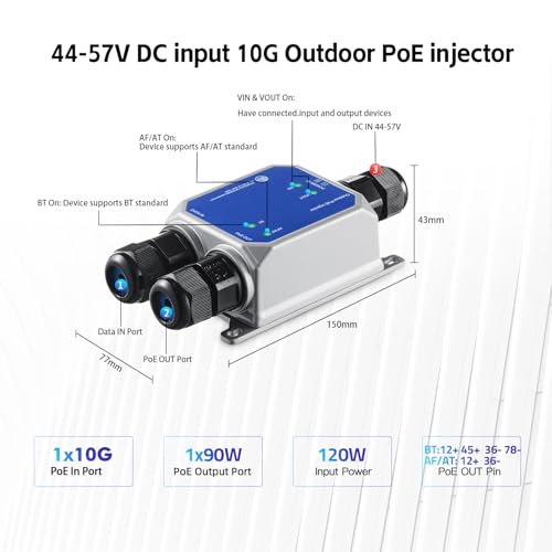 Image of MokerLink IP67 Outdoor 10 Gigabit PoE Injector, 10 /100M /1G /2.5G /10Gbps, DC48-57V in Max 120W, IEEE 802.3 af /at /bt PoE Out Max 90W, Wall Mount Metal Waterproof