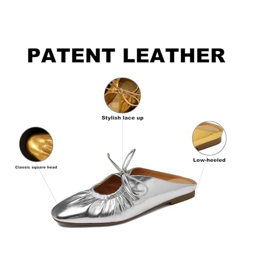 Women's Wrinkled Leather Lace Up Flat Mules Fashion Closed Square Toe Slip-On Slingback Ballet Flats Comfortable Casual Dressy Date Office Work Shoes2