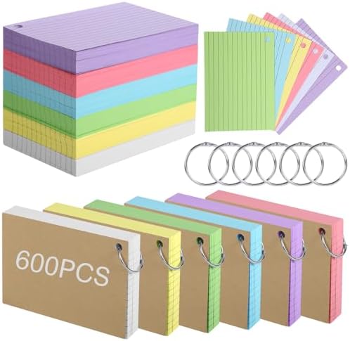 A6 Ruled Index Cards, 600 Pcs Revision Cards with Metal Binder Ring, Colorful Flash Card Lined Note Cards Double Sided Record Cards for Home Office Work School