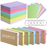 A6 Ruled Index Cards, 600 Pcs Revision Cards with Metal Binder Ring, Colorful Flash Card Lined Note Cards Double Sided Record Cards for Home Office Work School