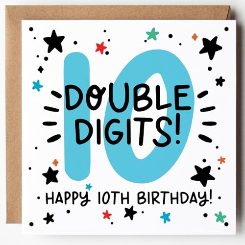Lunella Stationery 10th Birthday Card for Boys and Girls - Bright and Bold Design – Double Digits Card - Blank Inside – With Kraft Envelope Age 10 (Double Digits)