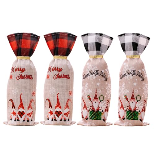 Bolsas de regalo de vino de Navidad en arpillera rústica con etiquetas decorativas