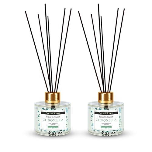 Image of Soul & Scents Citronella Reed Diffuser Set - 120ml with Free 6 Fiber Reed Sticks Each | Toxin Free & Stress Relief | Long Lasting | Smoke Less Room Freshener for Home, Bedroom & Office | Pack of 2