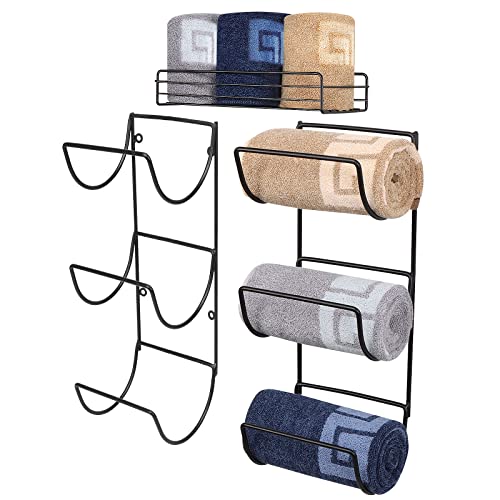 NearMoon Towel Rack Wall Mounted- All Metal Bathroom 2 Towel Rack Holders+ Hand Towel Storage Basket, Rustproof 3 Level Wine Rack Organizer for Hand Towels, Washcloths, 2+1 Pack (Matte Black)