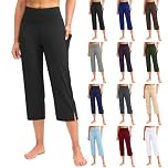 Black Cropped Trousers Capri Leggings with Pockets Women Bootcut Yoga Pants Tummy Control High Waist Side Split 3/4 Length Cropped Trousers Petite Casual Smart Stretch Golf Dress Pants