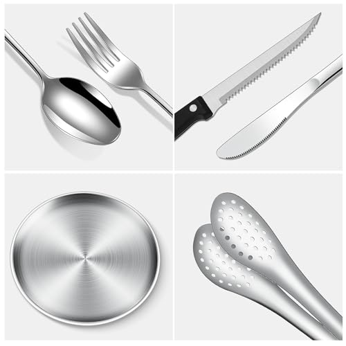 Camping Geschirr Set mit Bechern – Besteckset mit Edelstahl Gabeln, Messer, Löffel, Teller und Silikonbechern – Tragbares Besteck für Outdoor, Picknick, Grillen und Wandern. [12-teilig für 2 Personen]