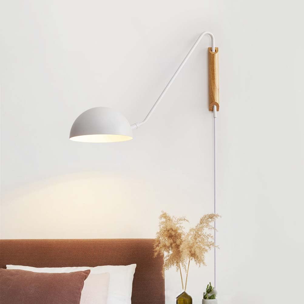 AoLa Vintage Holz Wandleuchte Mit Schalter Und Stecker Verstellbar Wandlampe Innen E27 Schwenkarm Wandbeleuchtung mit Kabel 360° Drehbare Lang Arm Leselampen Nachttischlampe für Schlafzimmer Büro