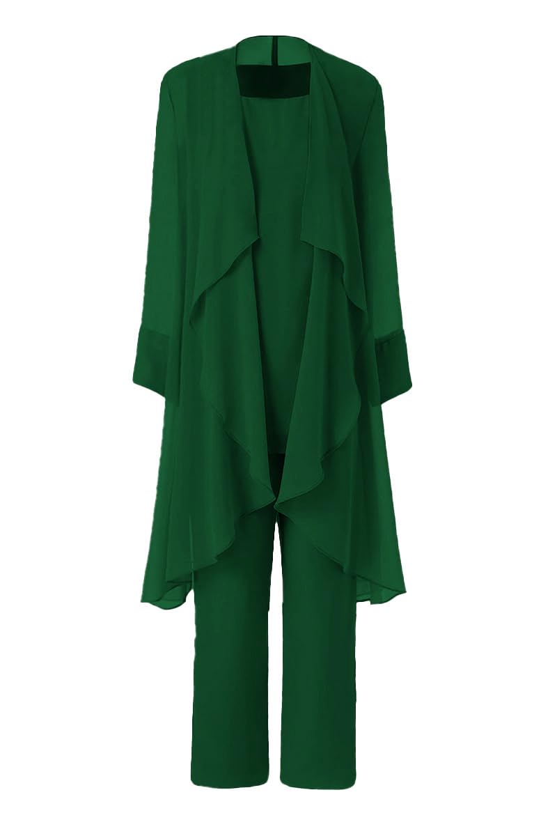 Leader Of The Beauty Women's Emerald Green Mother Of The Bride Pant Suits 3 Pieces Chiffon Outfit Sets For Wedding Pant Suit With Jacket
