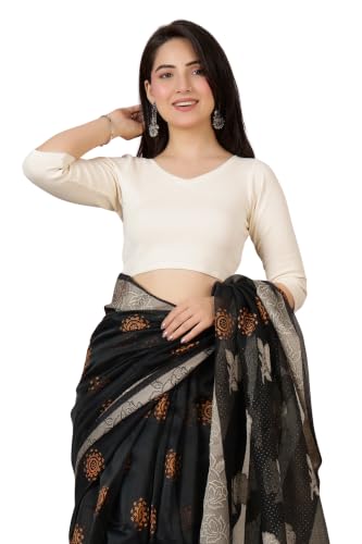 Image of Mlada V-Neck Stretchable Saree Blouse Top for Women | Slim Fit 3 /4th Sleeves Solid Cotton Blouses | Readymade Saree Blouses for Women Festive & Ethnic | Blouse Crop Top